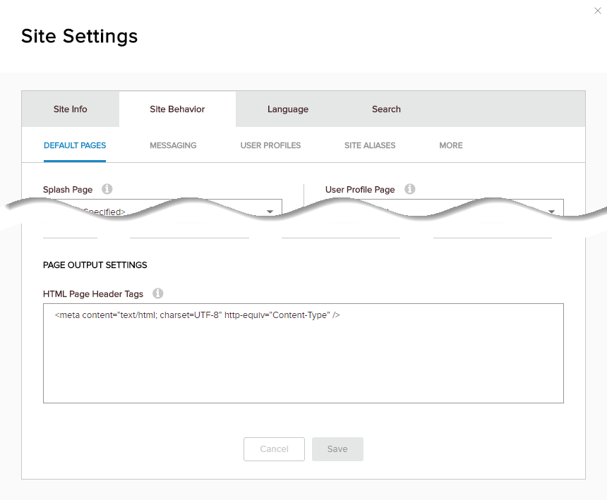 Site Settings > Site Behavior > Default Pages — tags