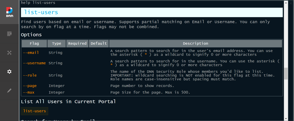 Example of list-users command help
